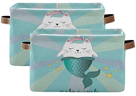 TropicalLife Meetutrip Rectangular Storage Bin Cube Mermaid Cat Animal Foldable Organizer Basket with Handles, Galaxy Star Collapsible Storage Box for Kids Toy Shelf Closet Nursery