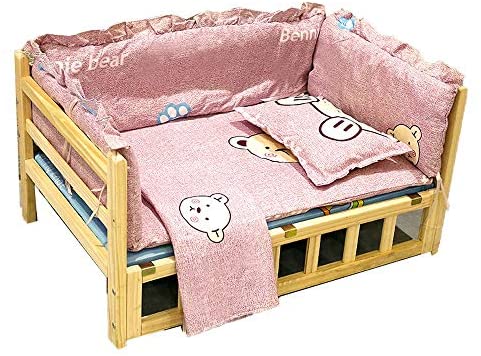Dog Cat Bed Pet Bed, Wooden Dog Room Pet Shelter, Indoor and Outdoor Use Washable Mattress Cute White Bear Pattern