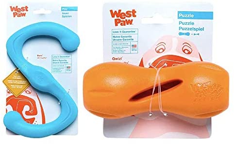 West Paw Zogoflex Bumi Dog Tug Toy (Small, Aqua) & Zogoflex Qwizl Dog Puzzle Treat Toy (Small, Tangerine) โ Interactive Chew Toy for Dogs โ for Aggressive Chewers, Fetch, Catch
