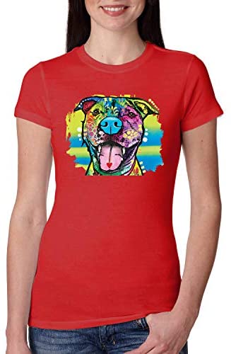 Cute Happy Smiling Dog Rainbow Pitbull Dog Lover Womens Slim Fit Junior Tee, Red, Medium