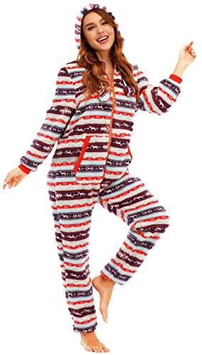 Fleece Jumpsuit Nightgown Teddy Plush Onesie Pajamas Hood Sleepwear Footless Romper Warm Long Sleeve Homewear for Women