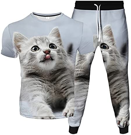 Summer Men and Women 3D Printed Sports Pants Fashion Trend Casual T-Shirt Two-Piece Cute Cat Pattern